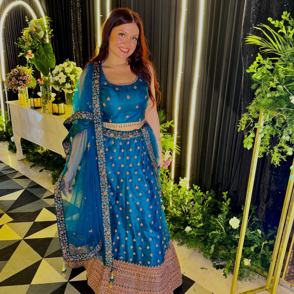 Lehenga - Elegant Blue and Rose Gold Embellished Traditional Indian Attire